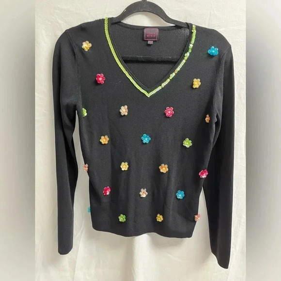 Color works women’s size medium black Colorful sequenced long sleeve knit top - Picture 1 of 4